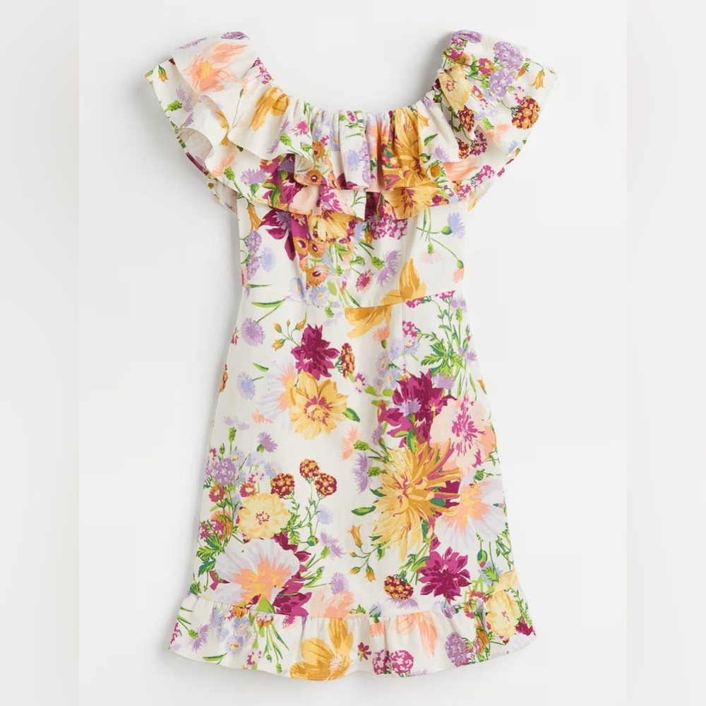 H&M FLOUNCED Off the Shoulder Mini DRESS Stylish Floral Mini Dress with Ruffles - Picture 7 of 10